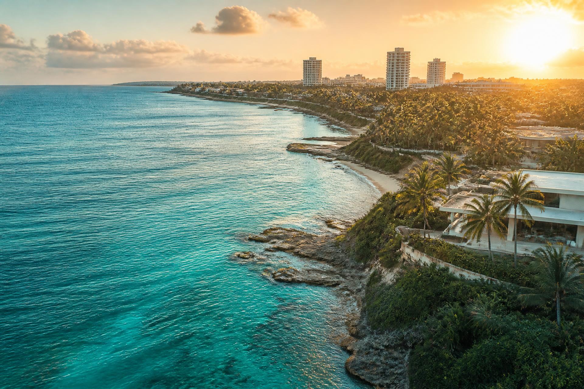 Caribbean coastline at golden hour